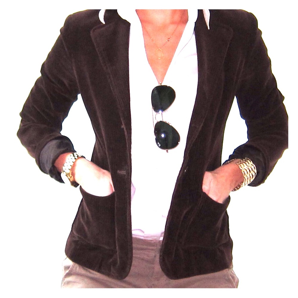 BCBG chocolate cord blazer and BCBG dress